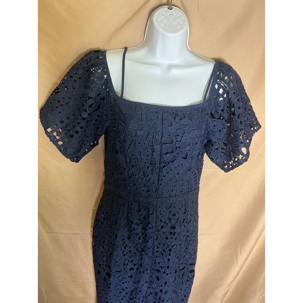 Lace Midi Dress Women 6  Navy Blue Excellent Cold Shoulder Puff Sleeve Square - Picture 4 of 13